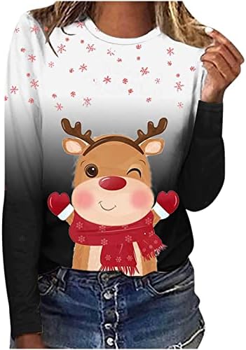 Ženski božićni vrhovi slatke tiskane majice pulover dugih rukava casual santa šešir crvene vinske staklene grafičke duksere vrh