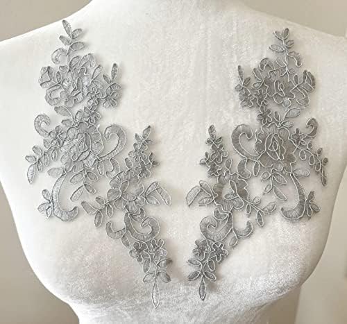 Pepervoleno 1 par Bridal Cvijet čipke Šive na izvezenu čipku Applique vjenčanica mladenka mladenka glava ukras DIY Patch odjeća dodatna oprema, 22 x 10cm, srebrno sivo