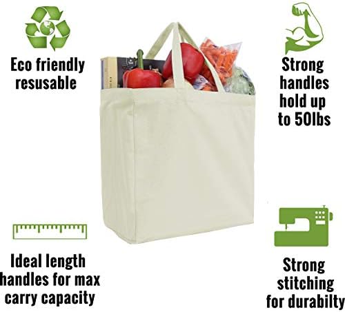 Threadart višekratna upotreba za teške uslove rada pamuk platnene torbe za namirnice pakovanje od 3 / sa jakim ručkama drži do 50 lbs | ekološki / velika veličina 14x14x7. 5-prirodno