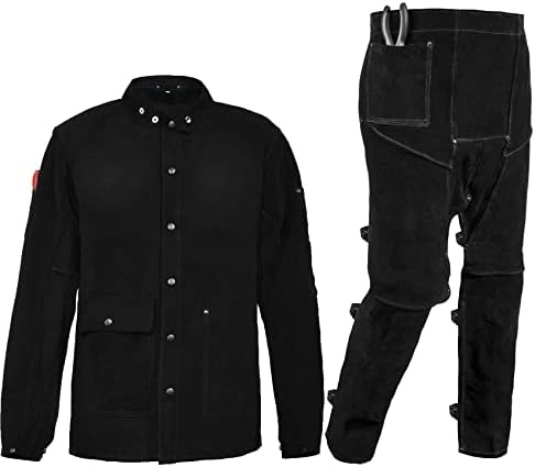 Crna kožna jakna za zavarivanje+hlače za zavarivanje kože,Heavy Duty FR Heavy Duty Split Cowhide Leahter