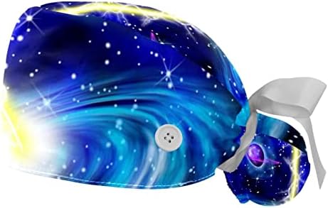 2 PCS medicinska sestra piling kapice Žene duge kose, kosmički zvjezdani nebo Galaxy podesiva radna kapa s gumbom i dunkom