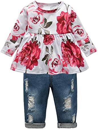 Derouetkia Djevojke odjeću odjeća za dijete dječje dječje djevojke cvjetni ruffle tops ripped traperice hlače setovi