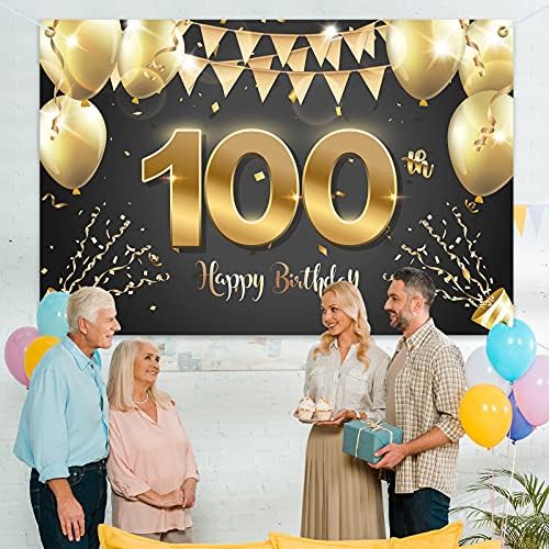 HAMIGAR 6x4ft Happy 100th Birthday Banner Backdrop-100 Years Birthday Decorations potrepštine za žene i muškarce-Black Gold