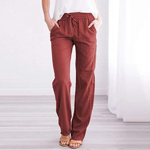 Ležerne letnje lanene pantalone za žene labave pantalone sa ravnim nogavicama visokog struka duge pantalone sa džepovima udobne pantalone