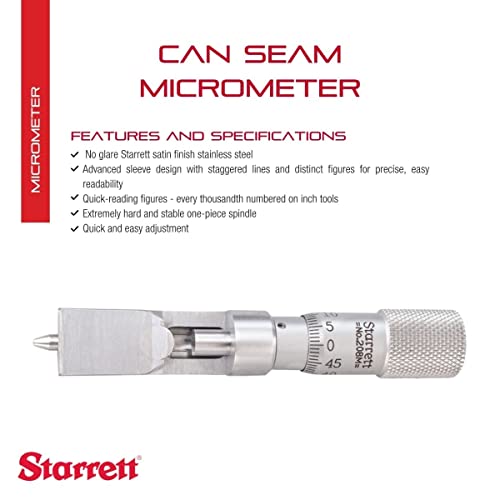 Starrett nehrđajući čelik može šav mikrometar sa jednodijelnim vretenom, satenskim završnim od nehrđajućim čelikom i naprednim dizajnom rukava - 0-9,5 mm, distribuiranih 0,01 mm - 208mdz