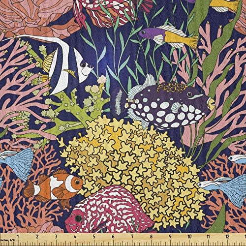 Lunarable Aquarium Fabric by the Yard, Tropical Ocean Fauna and Flora Illustration Ornamental Corals morske alge i ribe, tkanina od