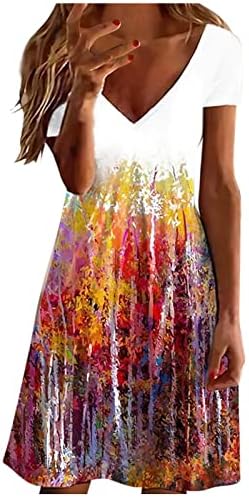 Ženske moderne haljine tunika, Žena Ljetna casual majica V-izrez kratki rukav cvjetni print Mini a linija za sunčanje