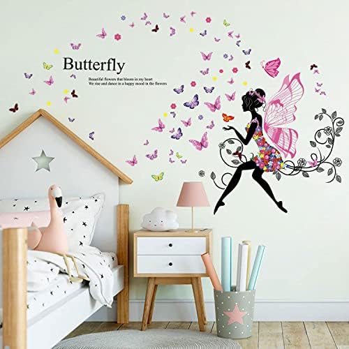 Supzone Butterfly Girl zidna naljepnica cvjetna Vilinska zidna naljepnica šareni leptiri zidni dekor uradi sam vinil Mural umjetnička