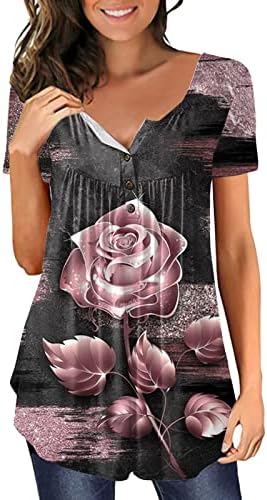 Cvetni Print tunike za žene stomak krije majice Tops plus Size Summer Casual kratki rukav dugme up V-izrez bluze