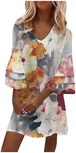 ZEFOTIM Ženska Moda Vintage elegantni štampani V-izrez 3/4 rukavi labava mini haljina sa suknjom