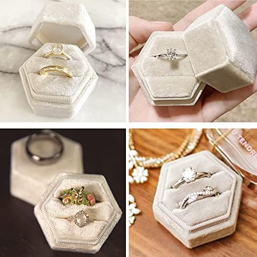 HZMM šestougaona baršunasta kutija za prsten 2 slota, kutija za prsten za svadbenu ceremoniju, sa odvojivim poklopcem, dvostruki prorezi