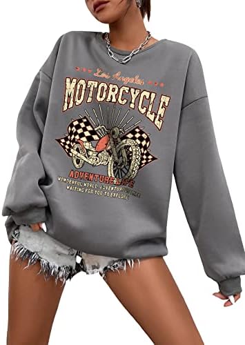 Oyoungle Motorni slogan motocikala Grafički kap za ispis ramena okrugli vrat dugih rukava slobodno-pulover Duks vrh