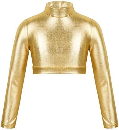 Moggemol Dečice Girls Glossy Metalik dugih rukava Turtleneck Crop Tops Plesni T Kostim Kostim Gold 6 godina