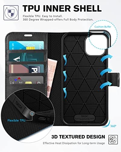 TUCCH case Wallet za iPhone 14 6.1, zaštitni [TPU Shockproof Inner Shell], PU Koža [RFID Blocking] [4 držač kartice] poklopac magnetnog postolja kompatibilan sa iPhoneom 14 6.1, crna & amp; svijetlo plava