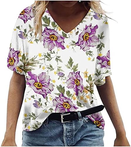 Djevojke kratki rukav pamučna cvjetna grafika Casual Loose Fit Plus Size Top Tee duboka v bluza za žene DI