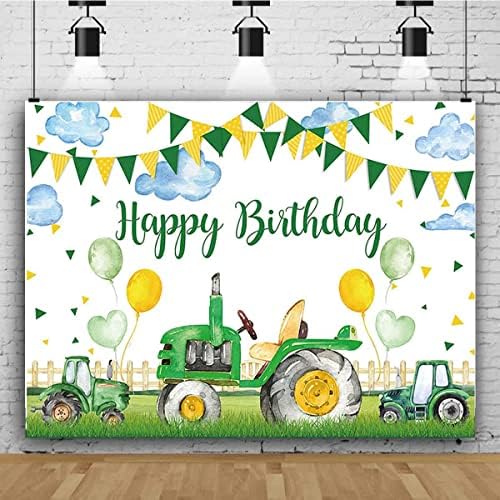 Zeleni traktor Rođendanska pozadina za dječake zelena trava balon šarena Zastava oblaci fotografija pozadina Baby Shower Happy 1st
