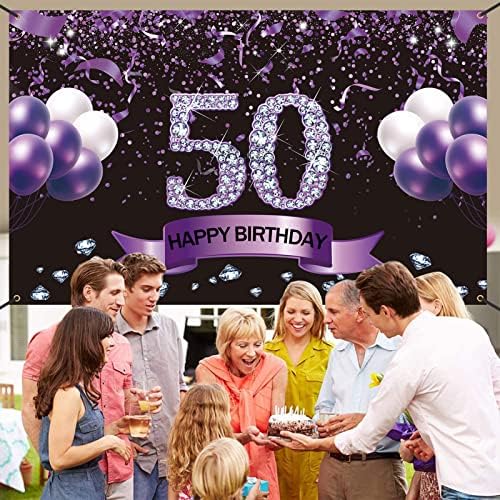 Trgowaul Happy 50th Birthday dekoracije za nju, ljubičasta Happy 50 Birthday Backdrop Banner za žene, 50 godina bday party Supplies