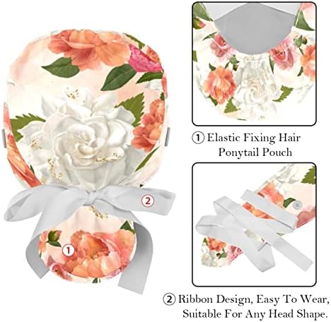 Radni kapu sa tipkama i vrpcom za žene 2 paketa, bijeli ljiljan cvjetni podesivi uniseks hirurški grmlja